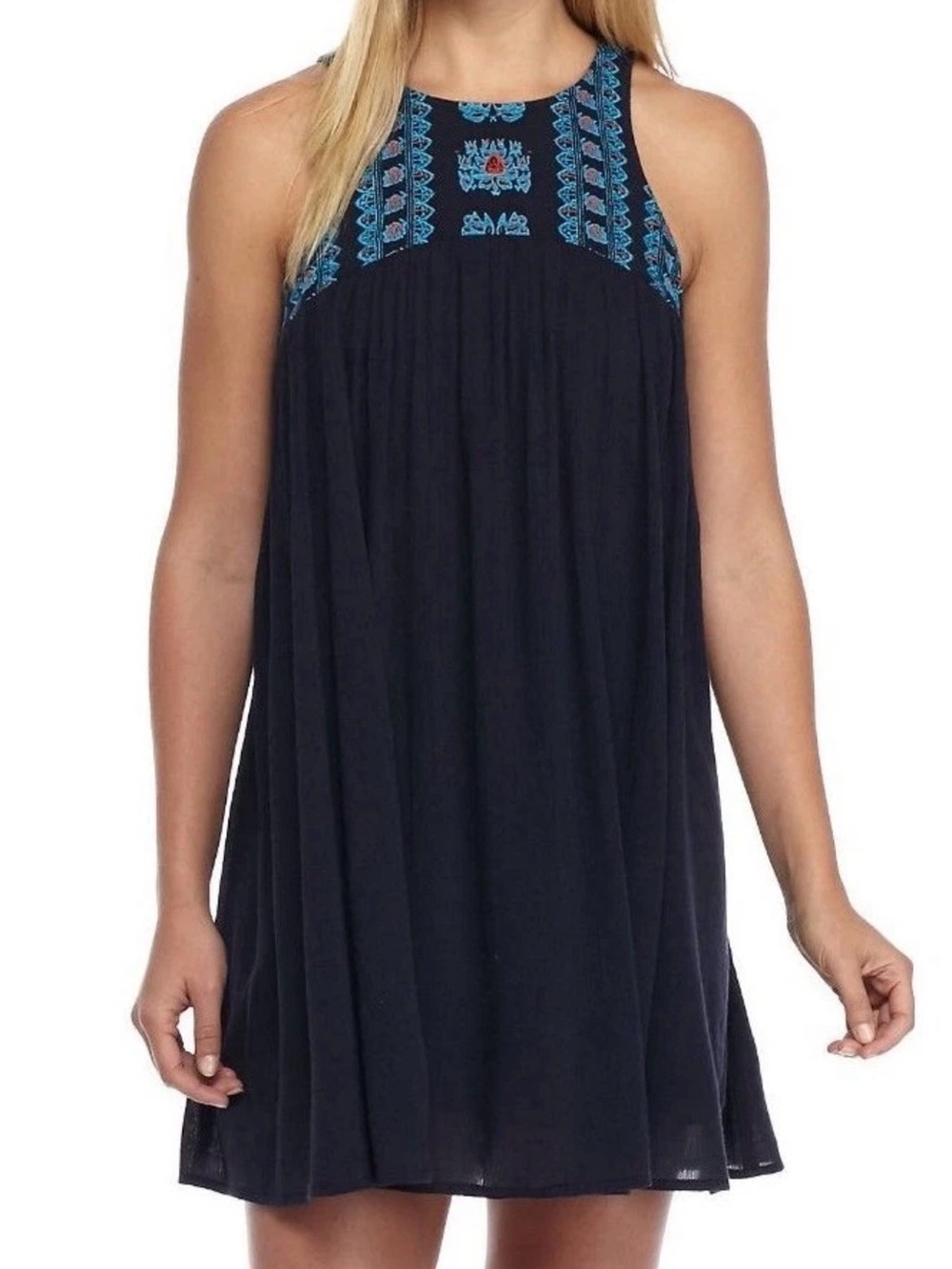 crown & ivy Navy Dress with Turquoise Embroidery